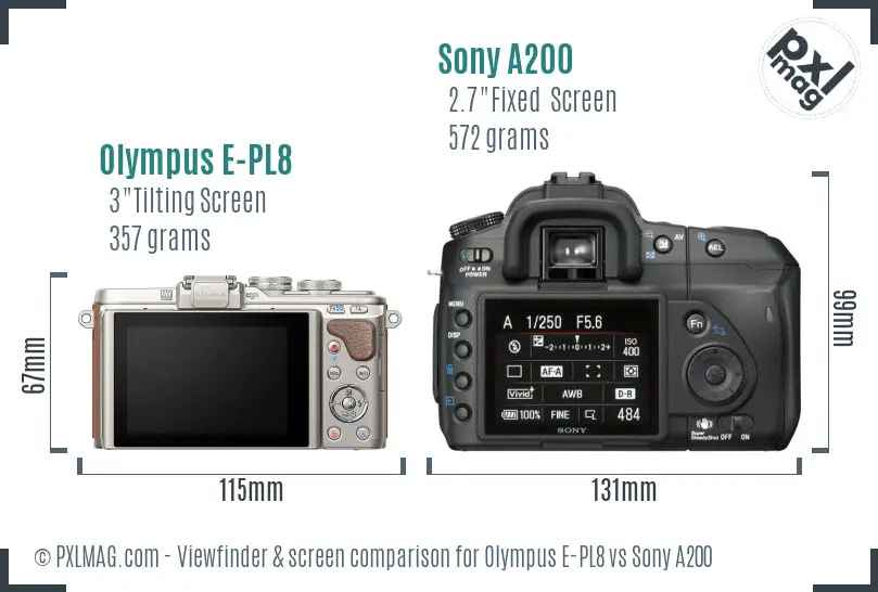 Olympus E-PL8 vs Sony A200 Screen and Viewfinder comparison