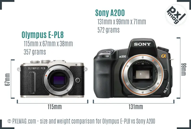 Olympus E-PL8 vs Sony A200 size comparison