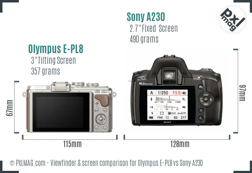 Olympus E-PL8 vs Sony A230 Screen and Viewfinder comparison