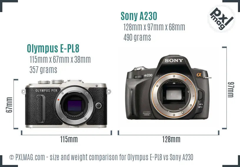 Olympus E-PL8 vs Sony A230 size comparison