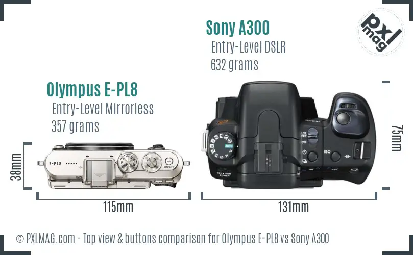 Olympus E-PL8 vs Sony A300 top view buttons comparison