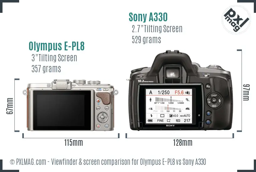 Olympus E-PL8 vs Sony A330 Screen and Viewfinder comparison