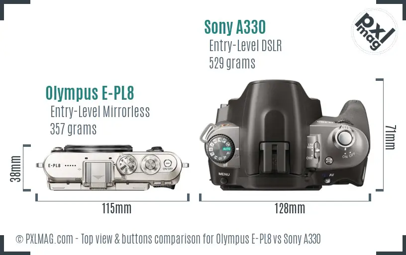 Olympus E-PL8 vs Sony A330 top view buttons comparison