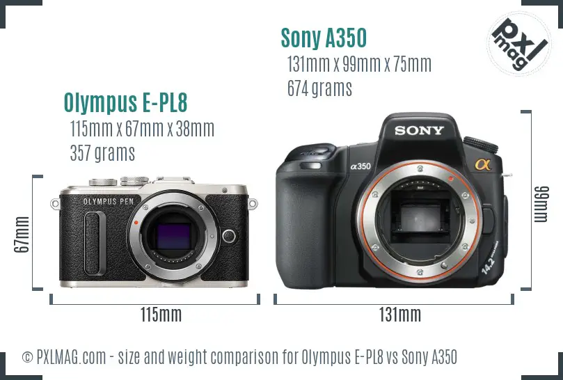 Olympus E-PL8 vs Sony A350 size comparison