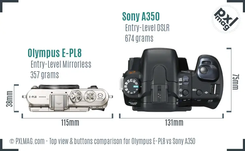 Olympus E-PL8 vs Sony A350 top view buttons comparison