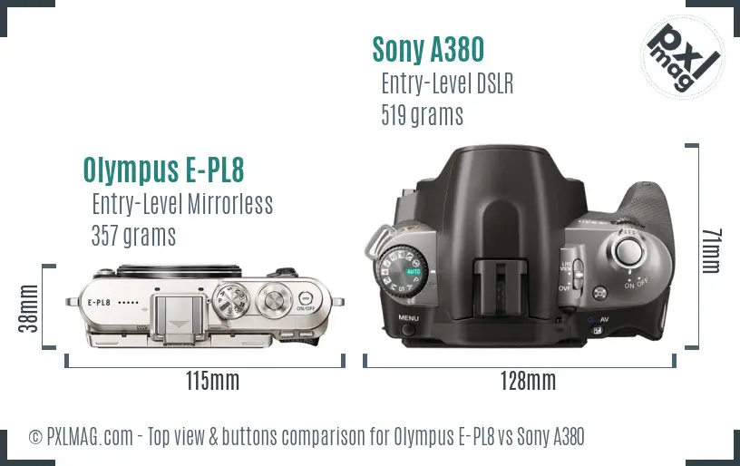 Olympus E-PL8 vs Sony A380 top view buttons comparison