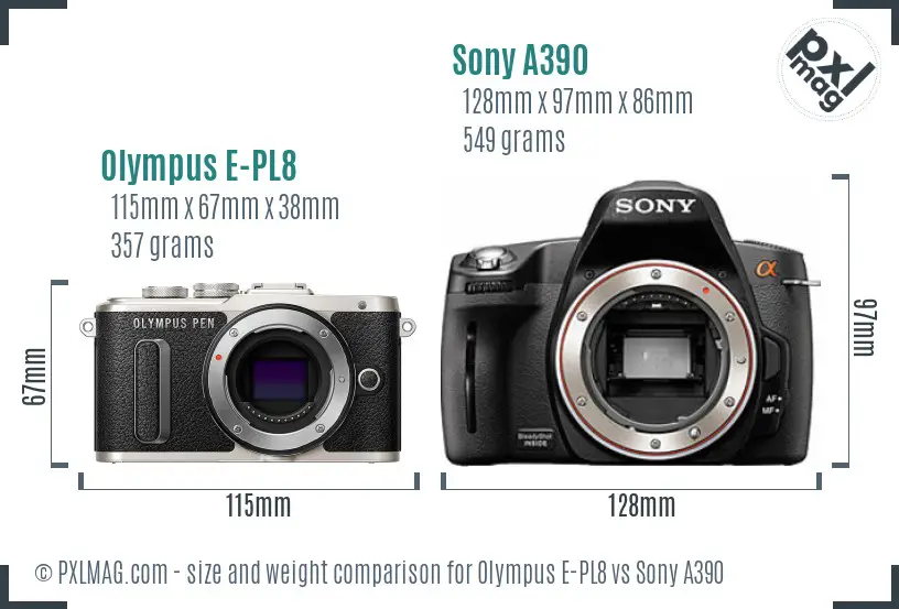 Olympus E-PL8 vs Sony A390 size comparison