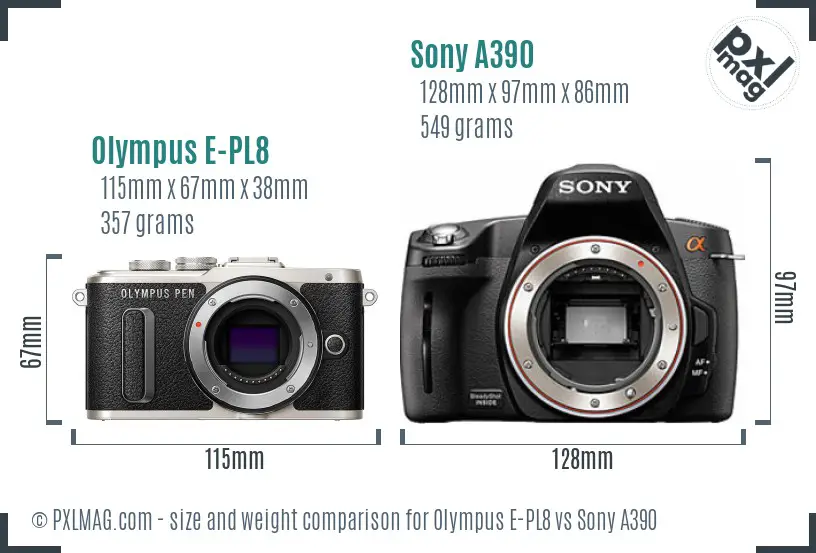 Olympus E-PL8 vs Sony A390 size comparison Olympus E-PL8 vs Sony A390 size comparison