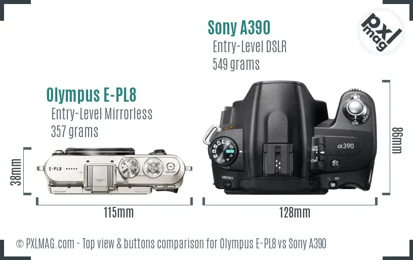 Olympus E-PL8 vs Sony A390 top view buttons comparison
