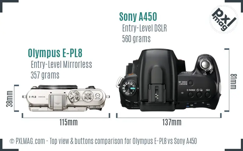 Olympus E-PL8 vs Sony A450 top view buttons comparison Olympus E-PL8 vs Sony A450 top view buttons comparison