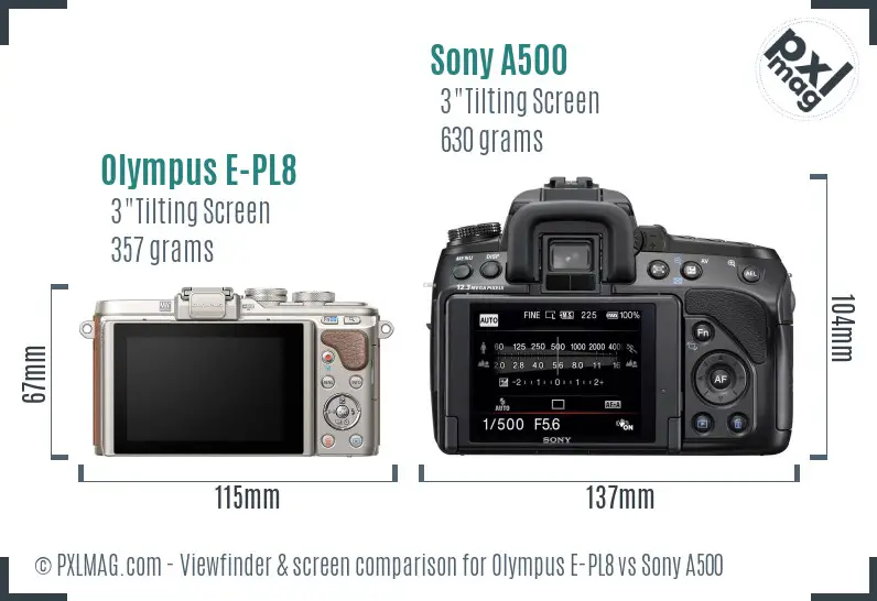 Olympus E-PL8 vs Sony A500 Screen and Viewfinder comparison