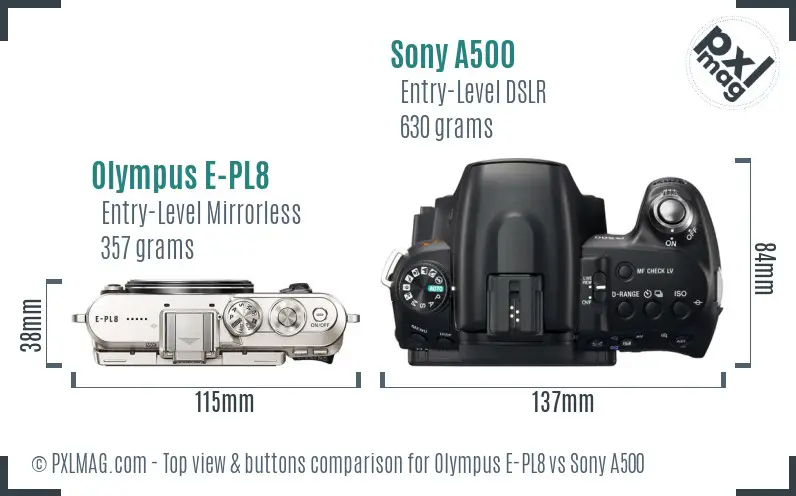Olympus E-PL8 vs Sony A500 top view buttons comparison