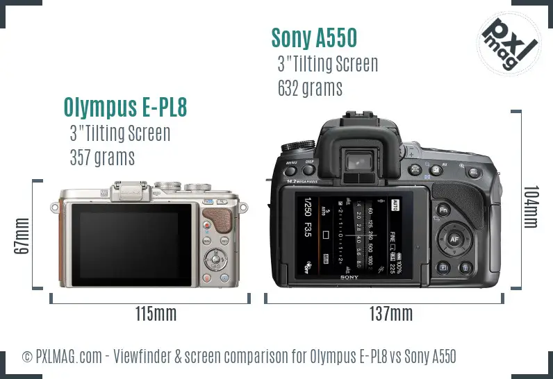 Olympus E-PL8 vs Sony A550 Screen and Viewfinder comparison