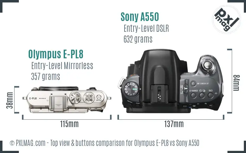 Olympus E-PL8 vs Sony A550 top view buttons comparison