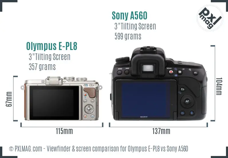 Olympus E-PL8 vs Sony A560 Screen and Viewfinder comparison