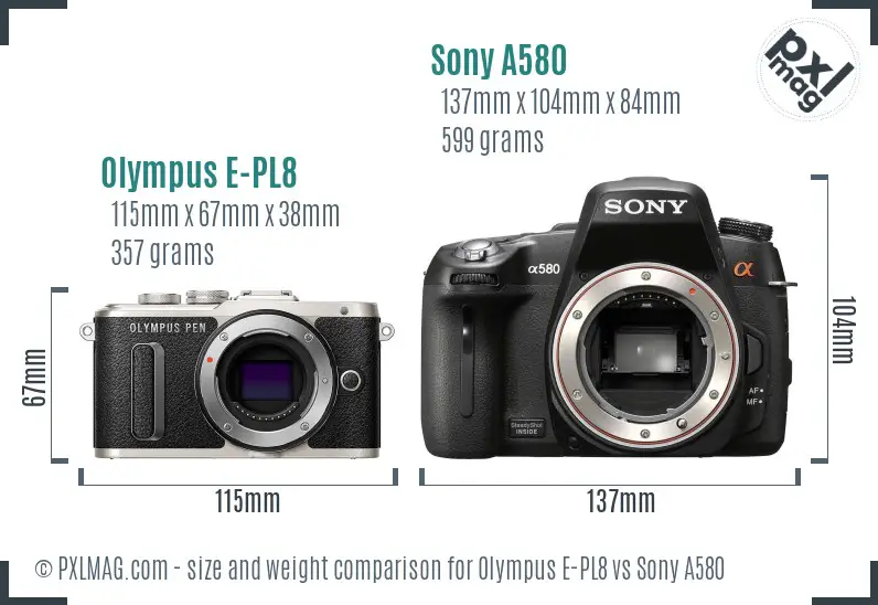 Olympus E-PL8 vs Sony A580 size comparison Olympus E-PL8 vs Sony A580 size comparison