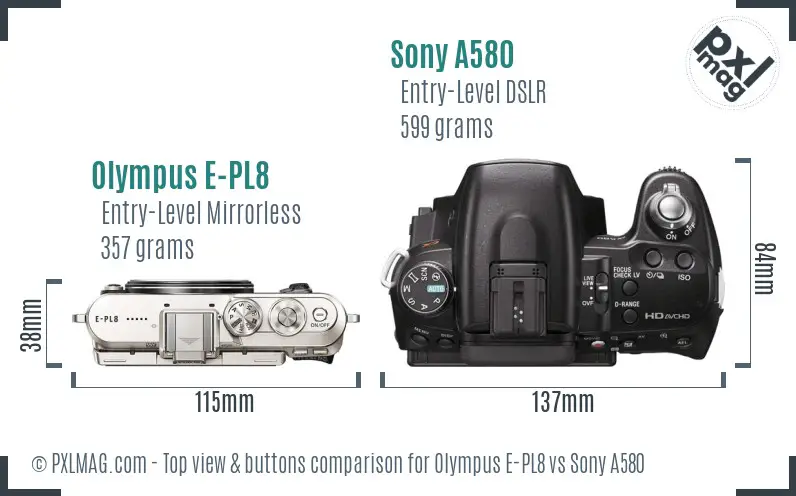 Olympus E-PL8 vs Sony A580 top view buttons comparison Olympus E-PL8 vs Sony A580 top view buttons comparison