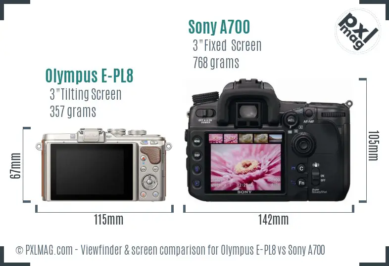 Olympus E-PL8 vs Sony A700 Screen and Viewfinder comparison