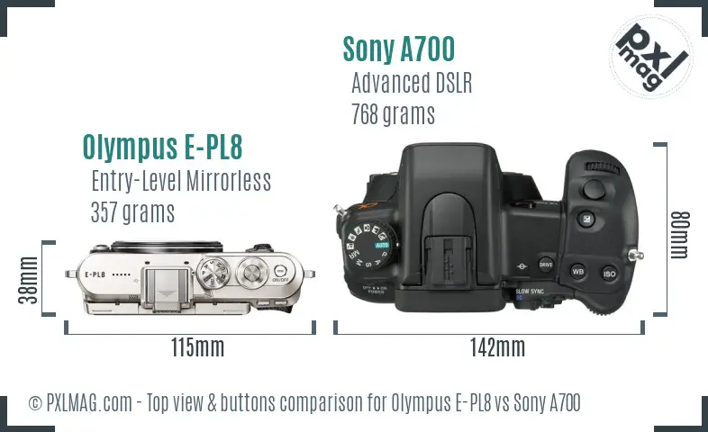 Olympus E-PL8 vs Sony A700 top view buttons comparison