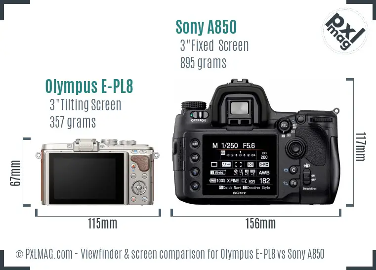 Olympus E-PL8 vs Sony A850 Screen and Viewfinder comparison