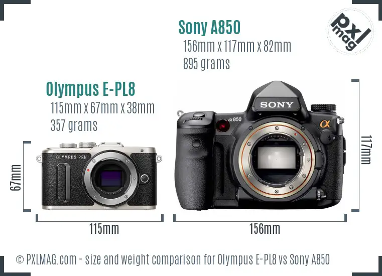 Olympus E-PL8 vs Sony A850 size comparison