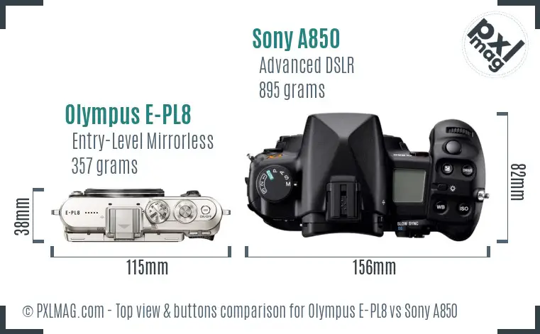 Olympus E-PL8 vs Sony A850 top view buttons comparison