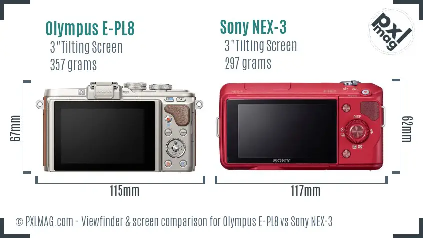 Olympus E-PL8 vs Sony NEX-3 Screen and Viewfinder comparison