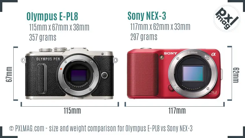 Olympus E-PL8 vs Sony NEX-3 size comparison