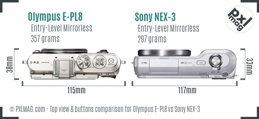 Olympus E-PL8 vs Sony NEX-3 top view buttons comparison