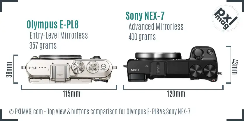 Olympus E-PL8 vs Sony NEX-7 top view buttons comparison