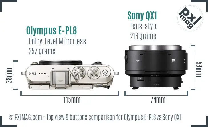Olympus E-PL8 vs Sony QX1 top view buttons comparison Olympus E-PL8 vs Sony QX1 top view buttons comparison