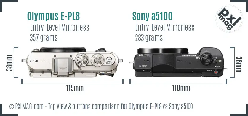 Olympus E-PL8 vs Sony a5100 top view buttons comparison