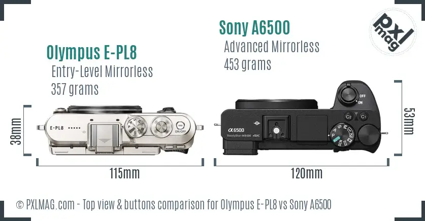 Olympus E-PL8 vs Sony A6500 top view buttons comparison
