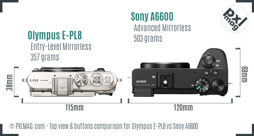 Olympus E-PL8 vs Sony A6600 top view buttons comparison