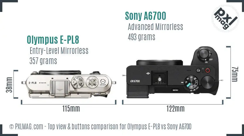 Olympus E-PL8 vs Sony A6700 top view buttons comparison