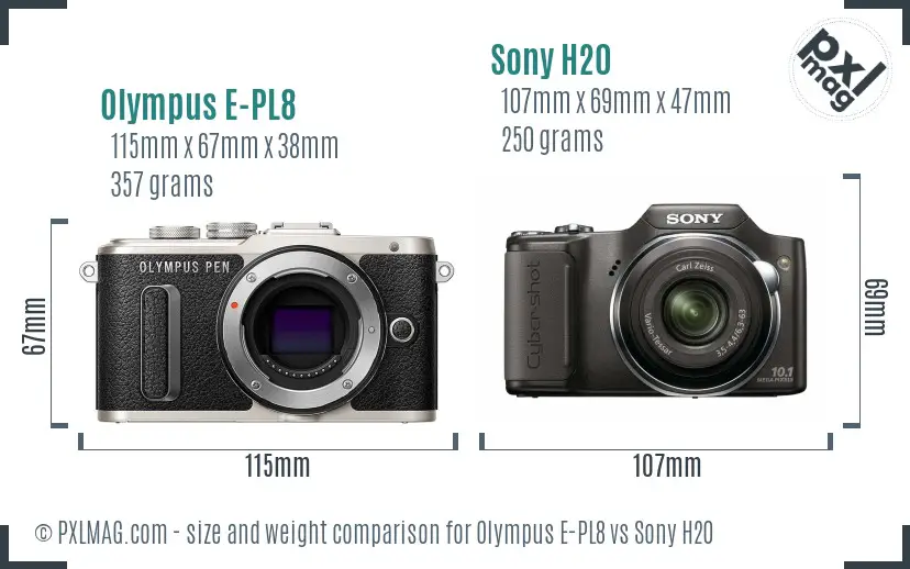 Olympus E-PL8 vs Sony H20 size comparison