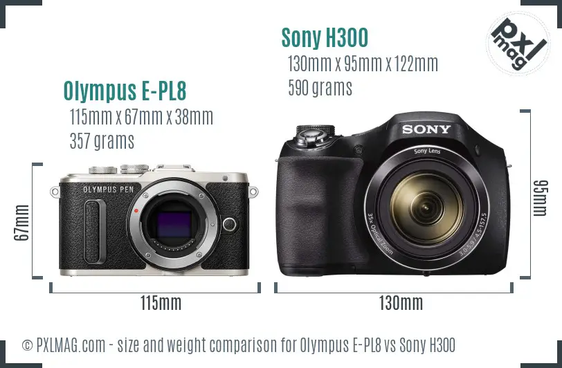 Olympus E-PL8 vs Sony H300 size comparison