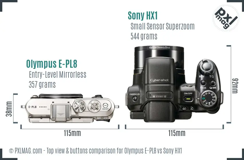 Olympus E-PL8 vs Sony HX1 top view buttons comparison