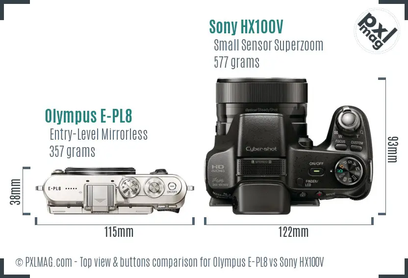 Olympus E-PL8 vs Sony HX100V top view buttons comparison