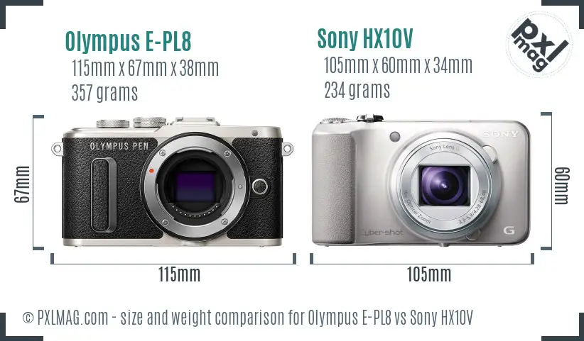 Olympus E-PL8 vs Sony HX10V size comparison