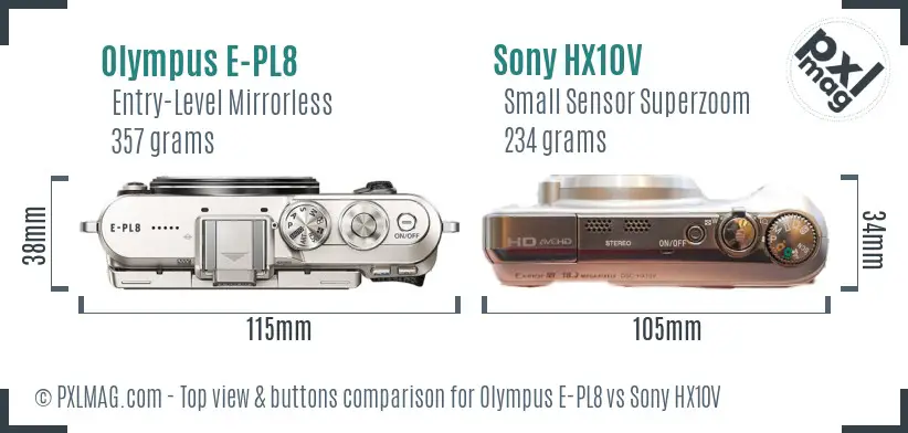 Olympus E-PL8 vs Sony HX10V top view buttons comparison