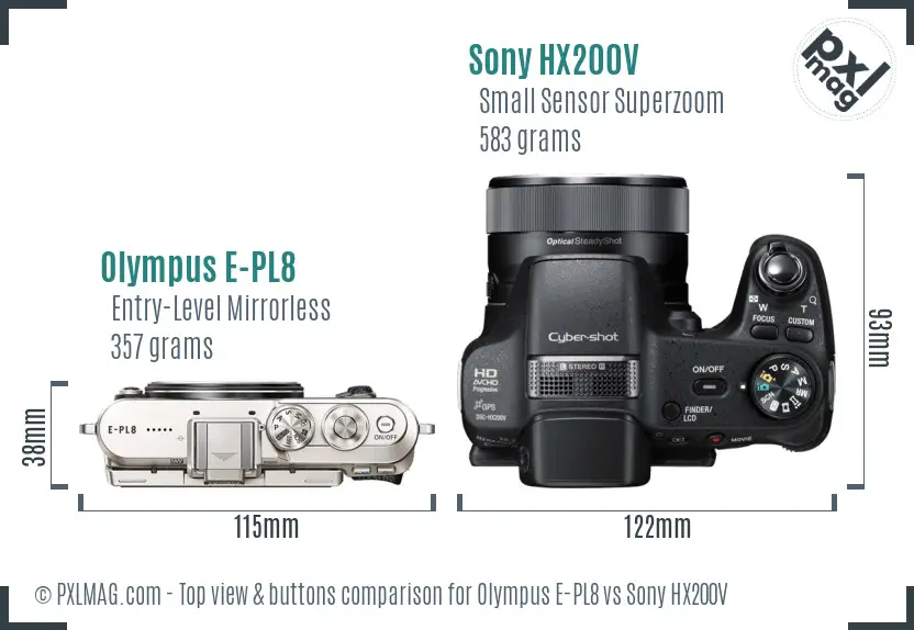 Olympus E-PL8 vs Sony HX200V top view buttons comparison