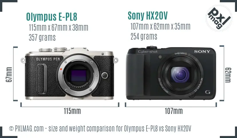 Olympus E-PL8 vs Sony HX20V size comparison