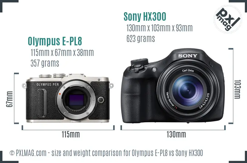Olympus E-PL8 vs Sony HX300 size comparison