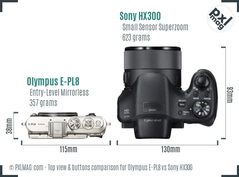 Olympus E-PL8 vs Sony HX300 top view buttons comparison