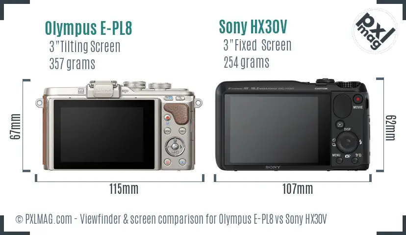 Olympus E-PL8 vs Sony HX30V Screen and Viewfinder comparison