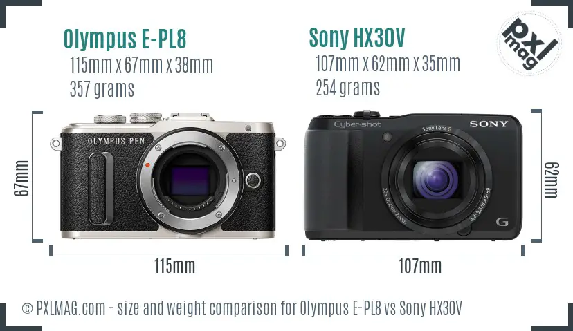 Olympus E-PL8 vs Sony HX30V size comparison