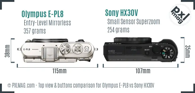 Olympus E-PL8 vs Sony HX30V top view buttons comparison