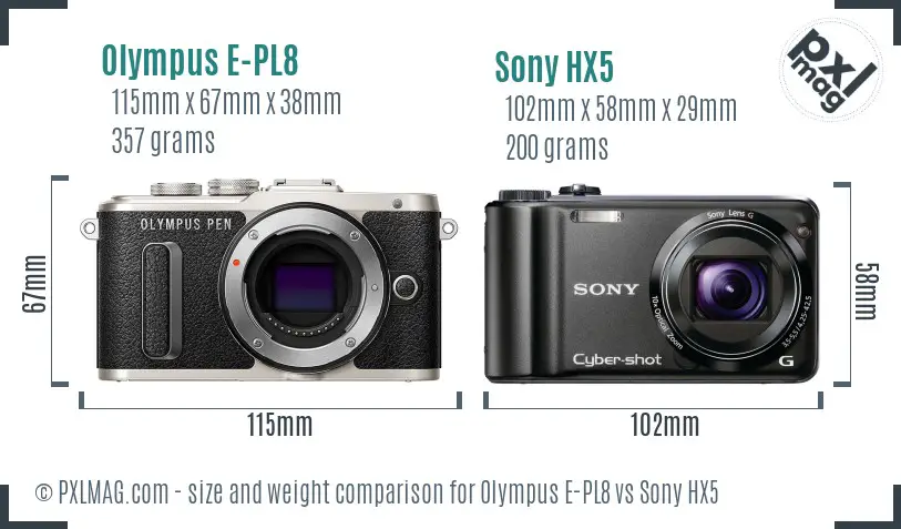 Olympus E-PL8 vs Sony HX5 size comparison