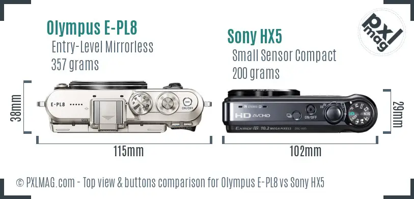 Olympus E-PL8 vs Sony HX5 top view buttons comparison